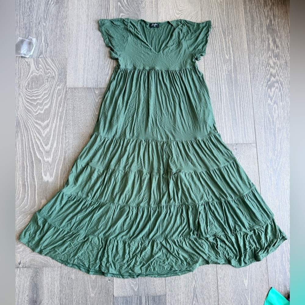Exotica Slinky to Touch Baby Doll Tiered V-Neck Maxi Dress in Dark Green